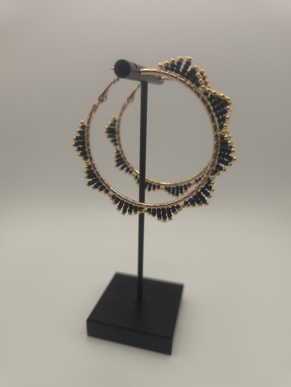 Hand Crafted Gold Hoop Earrings with Black Accent Beads